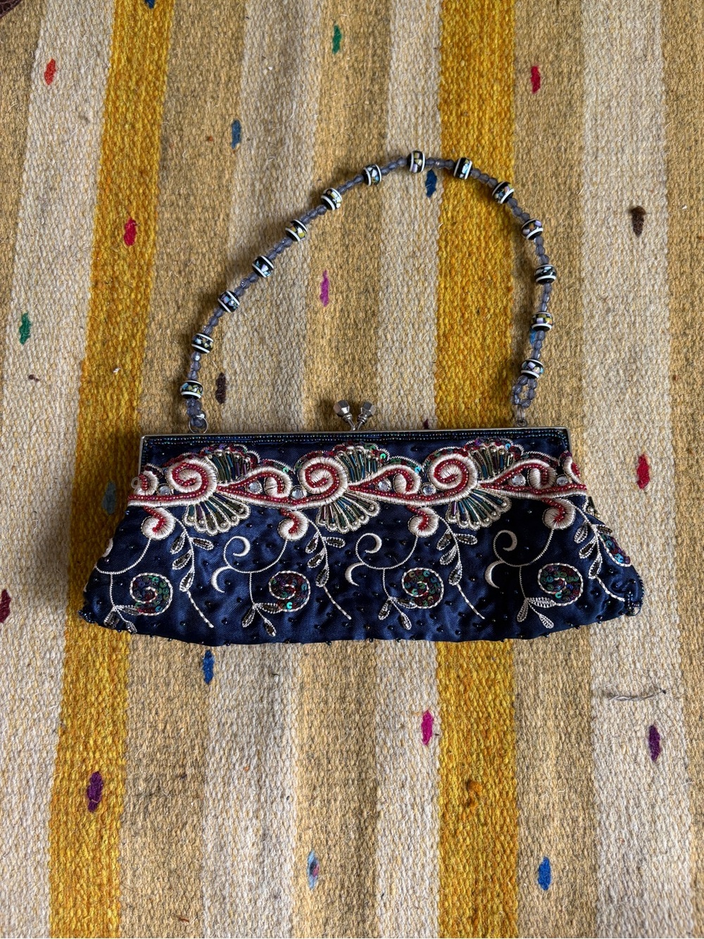 Embroidered Navy Beaded Evening Clutch